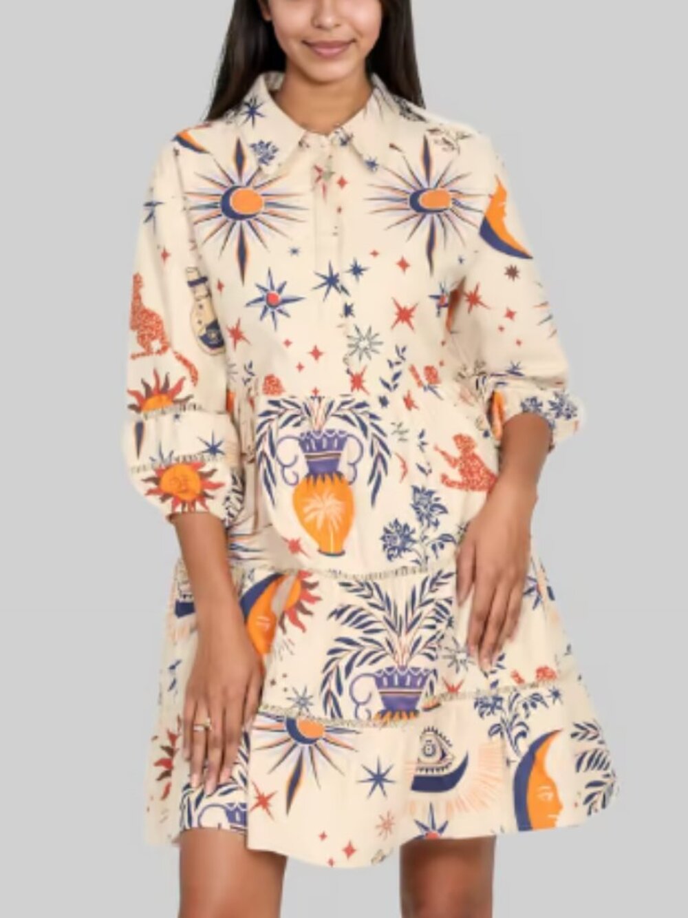 Vera Moda Celestial Cotton Boho Sun & Moon Tiered Shirt Dress Size L Cream Blue